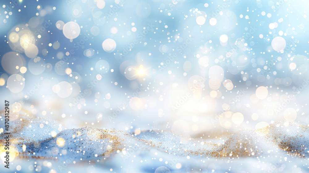 A blurred abstract winter background featuring a sparkling white and gold glitter surface with bokeh lights and a blue sky backdrop A blurred abstract winter background featuring a sparkling white and gold glitter surface with bokeh lights and a blue sky backdrop