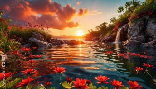 Sunset over Tropical Waterfall and Pond