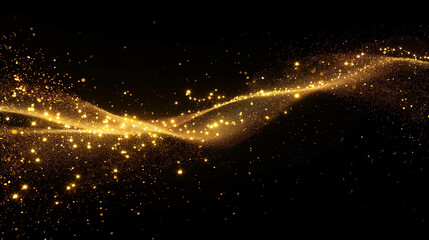 Golden glitter glare wave trail of sparkling particles in space black background. abstract gold flare shine trace for Christmas 
