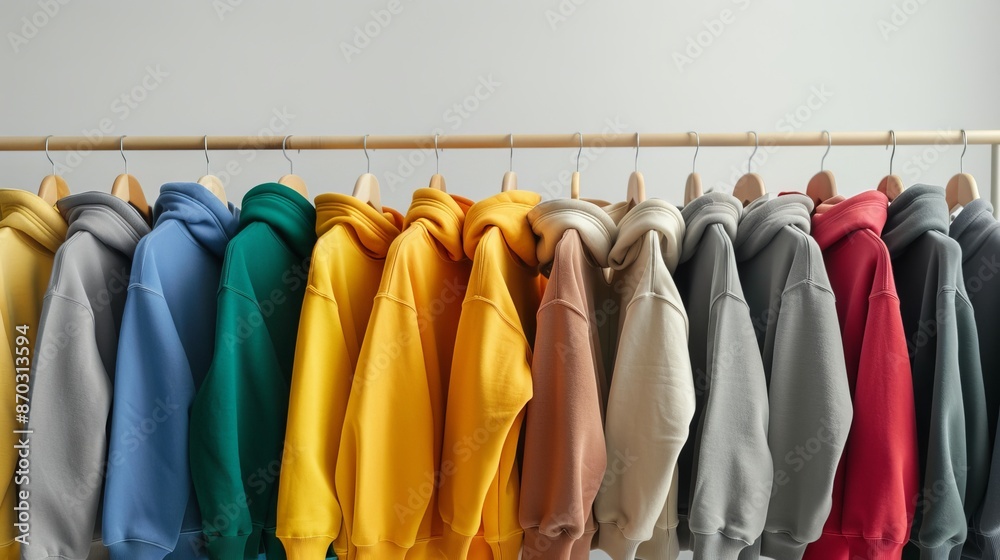 A variety of colorful hoodies neatly arranged on wooden hangers against a plain background showcasing a selection of casual wear