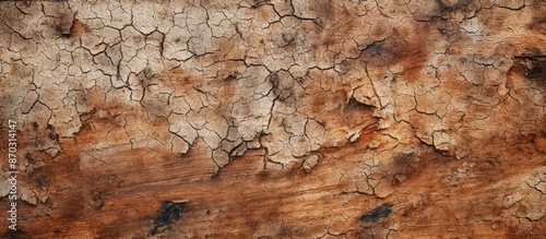 Horizontal photo of a tree bark texture with relief wooden pattern, old tree skin showing brown bark with white fungal mold spots, and available empty copy space image.