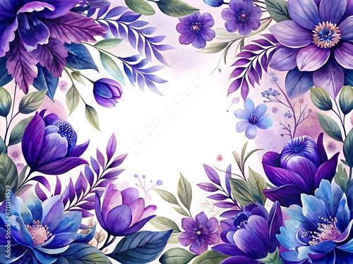 Delicate purple flowers and vibrant blue leaves entwined in an ornate floral frame, creating a whimsical and elegant botanical border for any creative project. photo