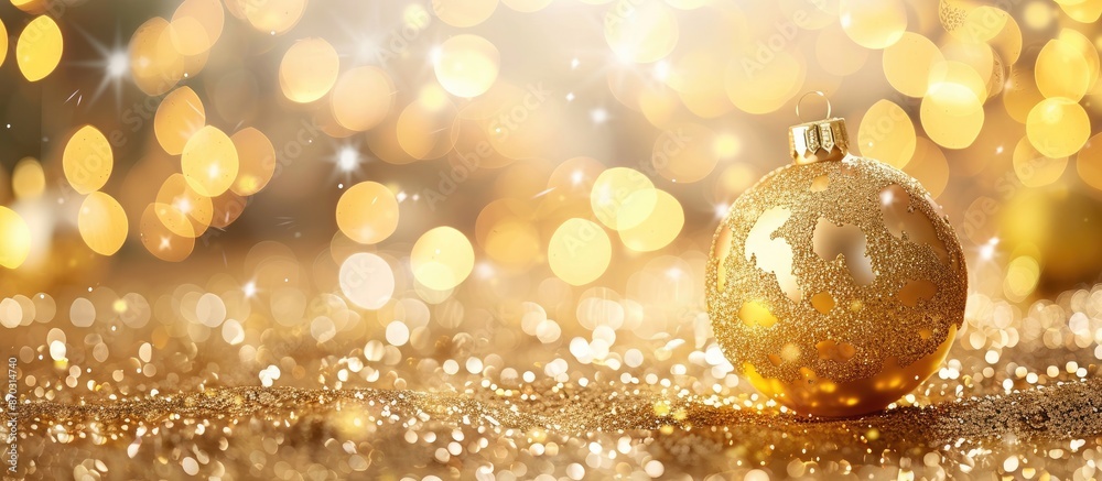 Christmas decorations featuring a gold ball against a blurred bokeh light background with copy space image available. Christmas decorations featuring a gold ball against a blurred bokeh light background with copy space image available.