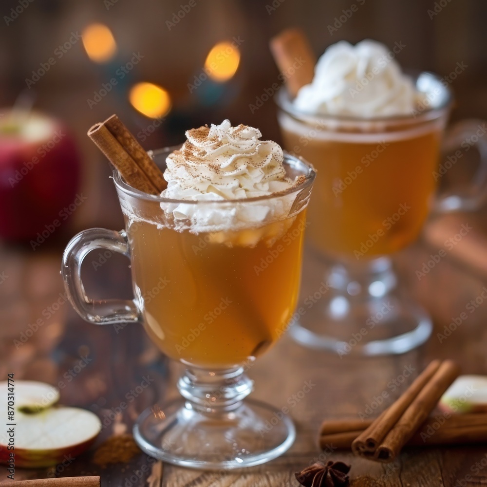 Hot apple cider with a dollop of whipped cream and cinnamon stick.