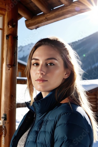 young woman outdoors is excited adventerous mountain cabin photo