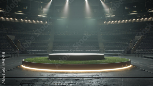 podium in the center of a stadium, surrounded by rows of empty seats and light flashes. The podium is simple and perfect to show your product, the playground of grass inside the soccer football  photo