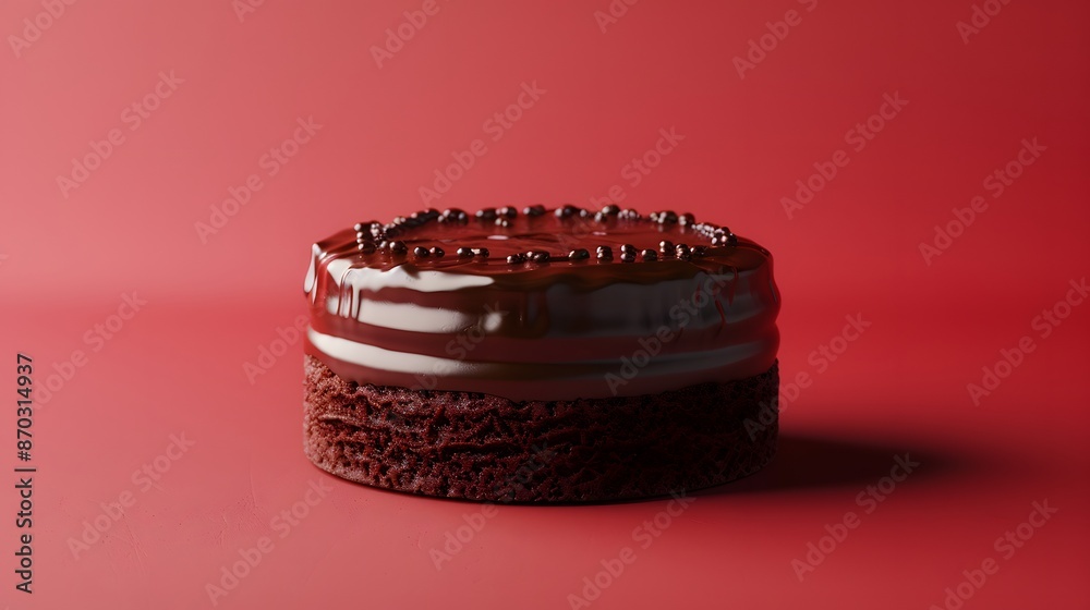 Delicious chocolate cake with glossy icing and rich layers on a red background, perfect for dessert or celebration themes. Delicious chocolate cake with glossy icing and rich layers on a red background, perfect for dessert or celebration themes.