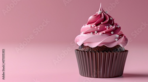 Delicious chocolate cupcake with pink frosting and sprinkles on a pink background. Perfect for dessert and bakery visuals.