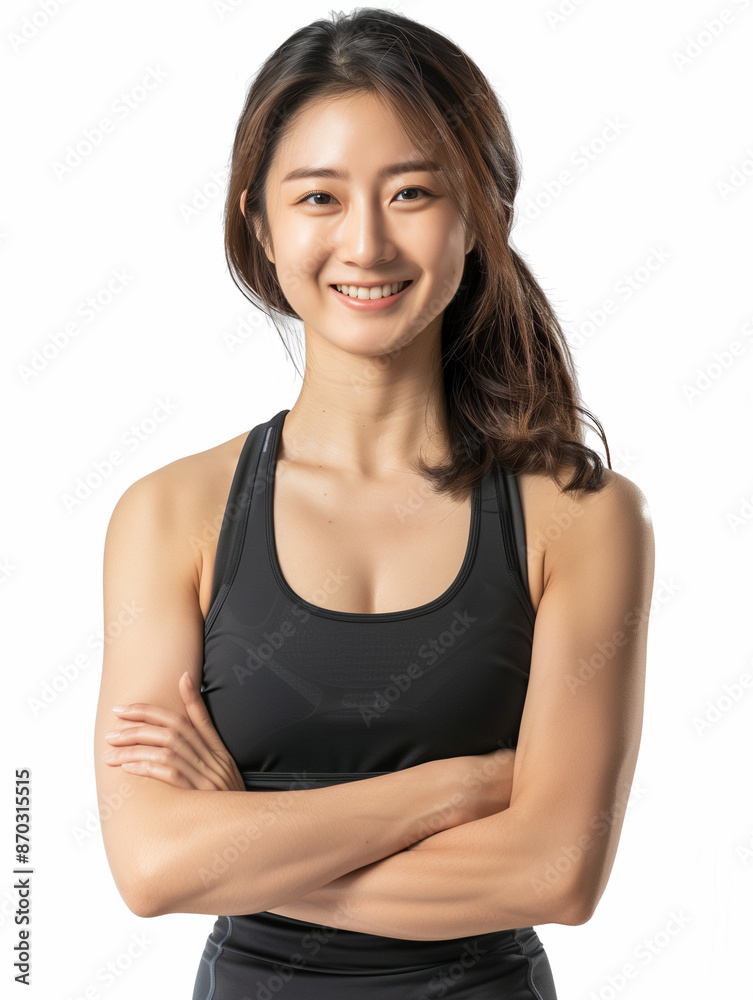 Smiling female Asian teenage brunette model posing casually in a exercise clothes isolated on white background Smiling female Asian teenage brunette model posing casually in a exercise clothes isolated on white background