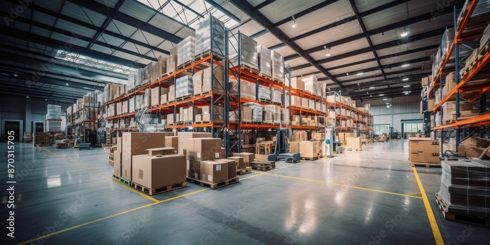 Warehouse Interior with Pallet Racks and Cardboard Boxes Warehouse Interior with Pallet Racks and Cardboard Boxes