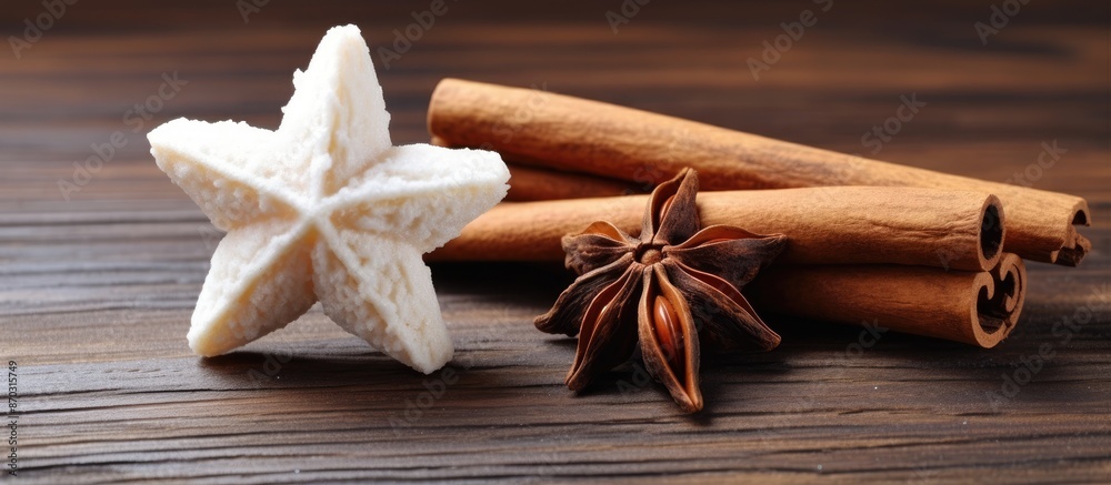 A white star and a cinnamon stick rest on a wooden table with copy space image available.
