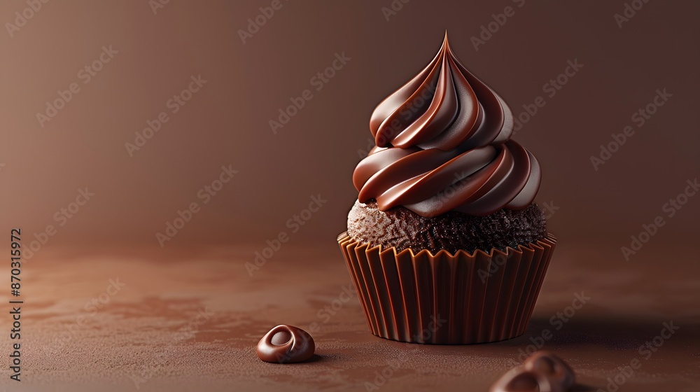 Delicious chocolate cupcake with swirled frosting, set on a brown background. Perfect for dessert, bakery, and confectionery themes.