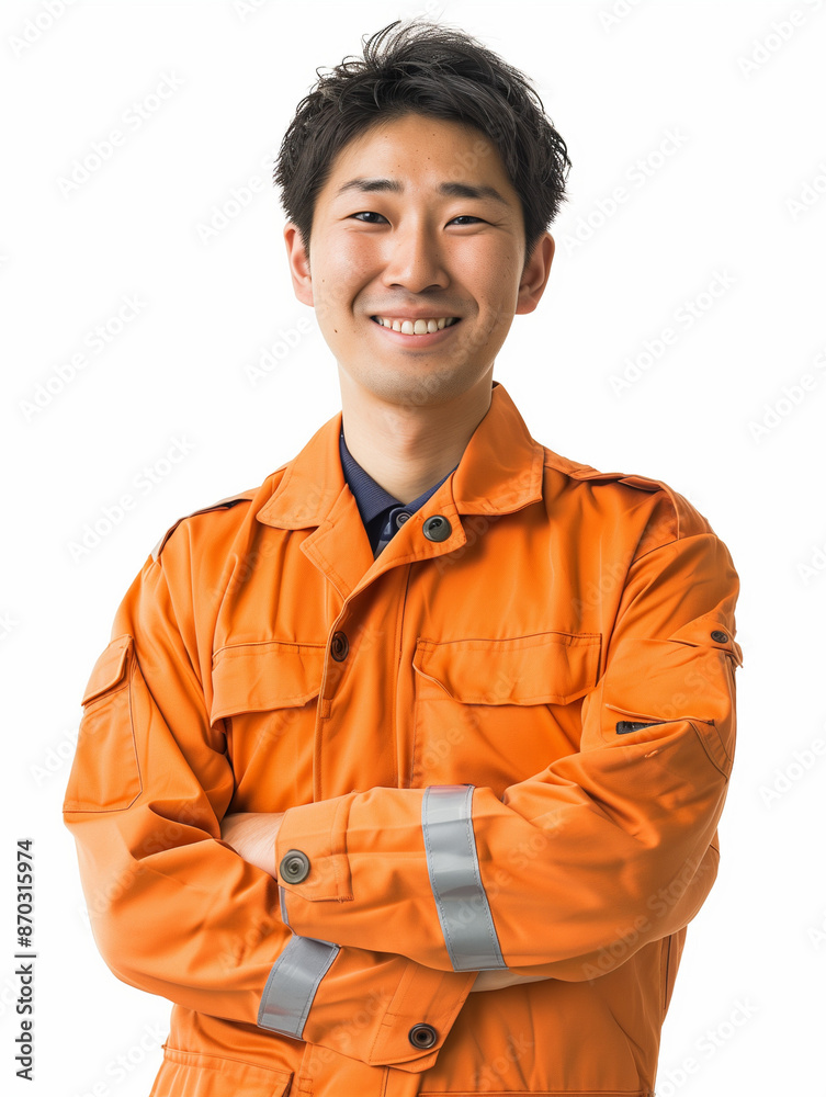 portrait of a smiling Asian worker isolated on white background portrait of a smiling Asian worker isolated on white background