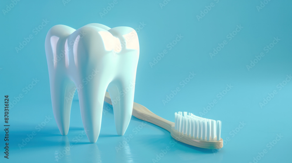 A close-up image of a white tooth model and a wooden toothbrush on a light blue background A close-up image of a white tooth model and a wooden toothbrush on a light blue background