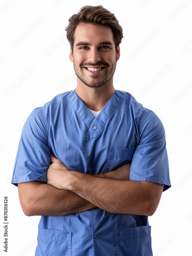 a male doctor in medical uniform smiling, isolated on white background a male doctor in medical uniform smiling, isolated on white background