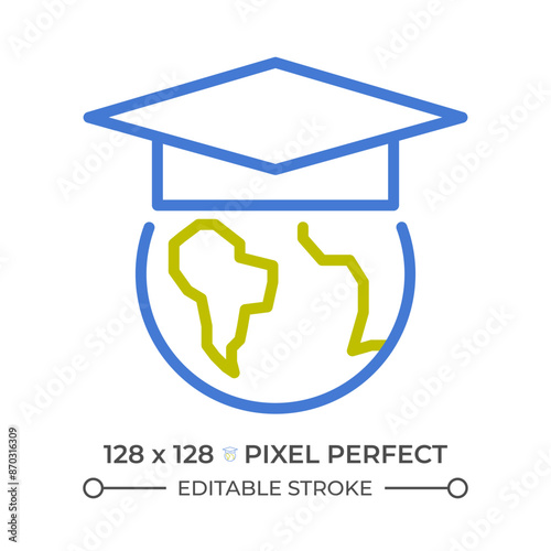 International education two color line icon. Exchange student worldwide. Studying abroad. World scholarship bicolor outline symbol. Duotone linear pictogram. Isolated illustration. Editable stroke