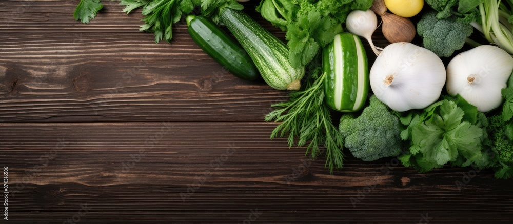 Top view of various fresh seasonal vegetables like cucumbers, white eggplants, fennel, basil, and kale leaves on a wooden table with copy space image. Top view of various fresh seasonal vegetables like cucumbers, white eggplants, fennel, basil, and kale leaves on a wooden table with copy space image.