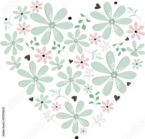 Vector image of a heart. Floral pattern. Valentine's Day. Love. Floral heart graphic drawing.