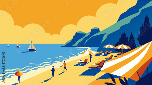 Colorful Beachside Getaway Illustration with Sailboats and Sunshades