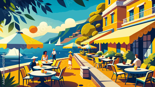 Idyllic Seaside Cafe Scene with Colorful Illustration of Summer Vacation
