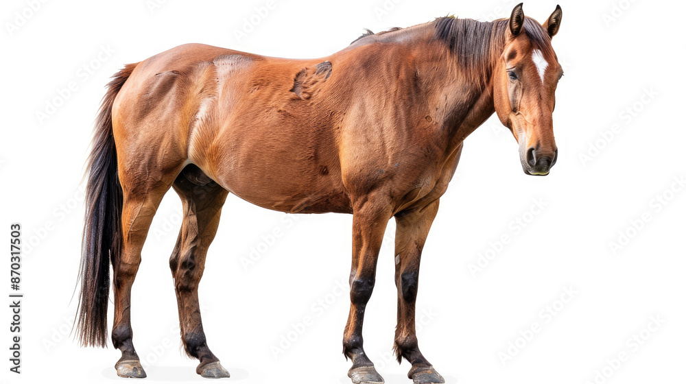Obraz premium the whole body of the brown horse animal looking front isolated on a white background