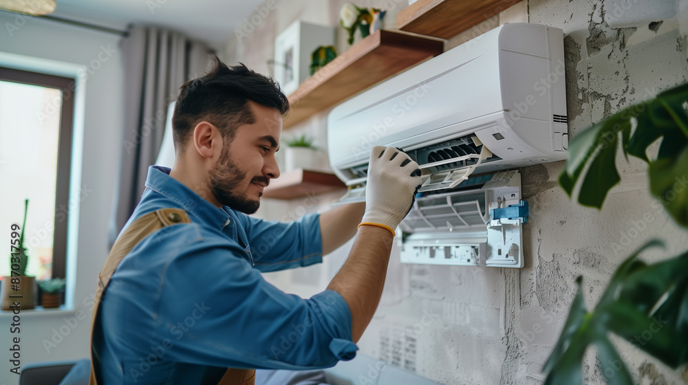 male technician repairing air conditioner male technician repairing air conditioner
