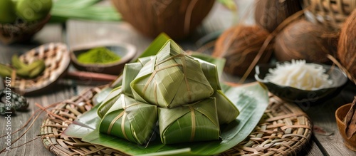 A solitary Ketupat Lebaran, a traditional dish for Eid, is a festive food in Indonesian and Malaysian Muslim culture. Crafted from young coconut leaves, ideal for text in a picture photo