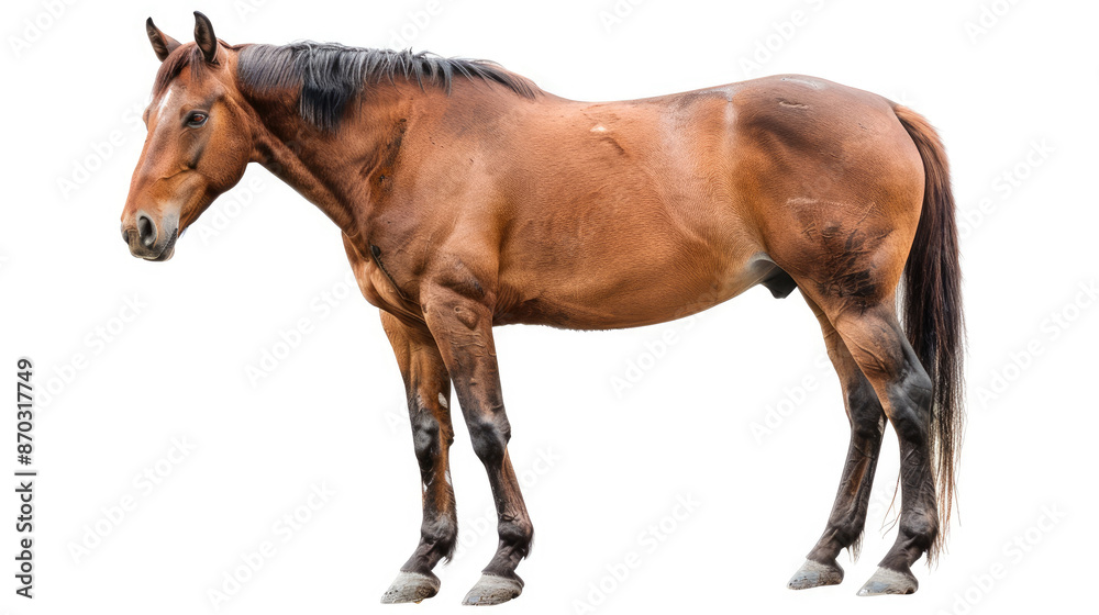 Obraz premium the whole body of the brown horse animal looking front isolated on a white background