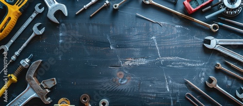 Aerial perspective of various hand tools like a wrench, screwdriver, pliers, hammer, and more, along with a digital multimeter, scattered fasteners, and a blank sheet on a black wooden table with photo