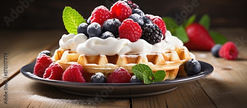 Delicious waffles topped wi...