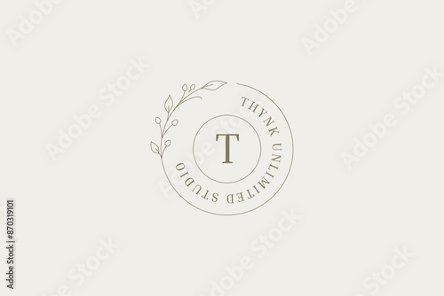 Romantic botanical flower circle outline logo monogram design template vector illustration