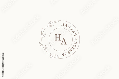 Floral tree branch with leaves circle line logo monogram design template vector illustration