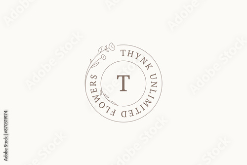 Botanical monogram circle outline letter logo for organic cosmetics design template vector