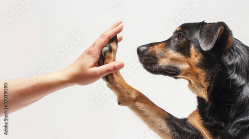High five dog paw with human hand side view isolated on white background
