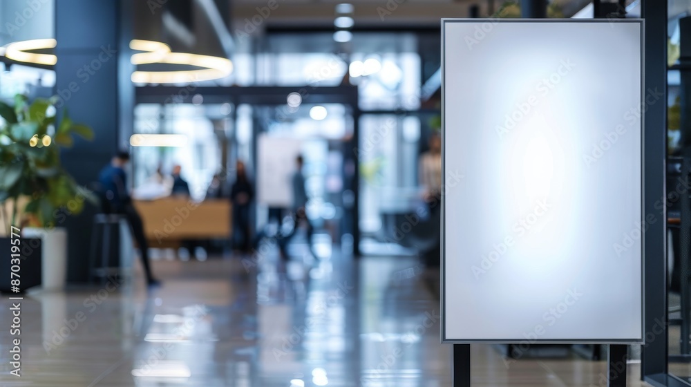 A blank vertical advertising billboard situated in a contemporary lobby with people in the background, suggesting space for text or graphics A blank vertical advertising billboard situated in a contemporary lobby with people in the background, suggesting space for text or graphics