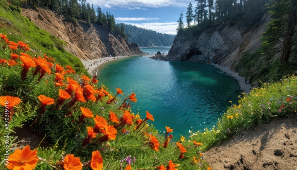 Naklejka premium Orange Flowers Blooming on a Cliff Overlooking a Turquoise Lagoon.