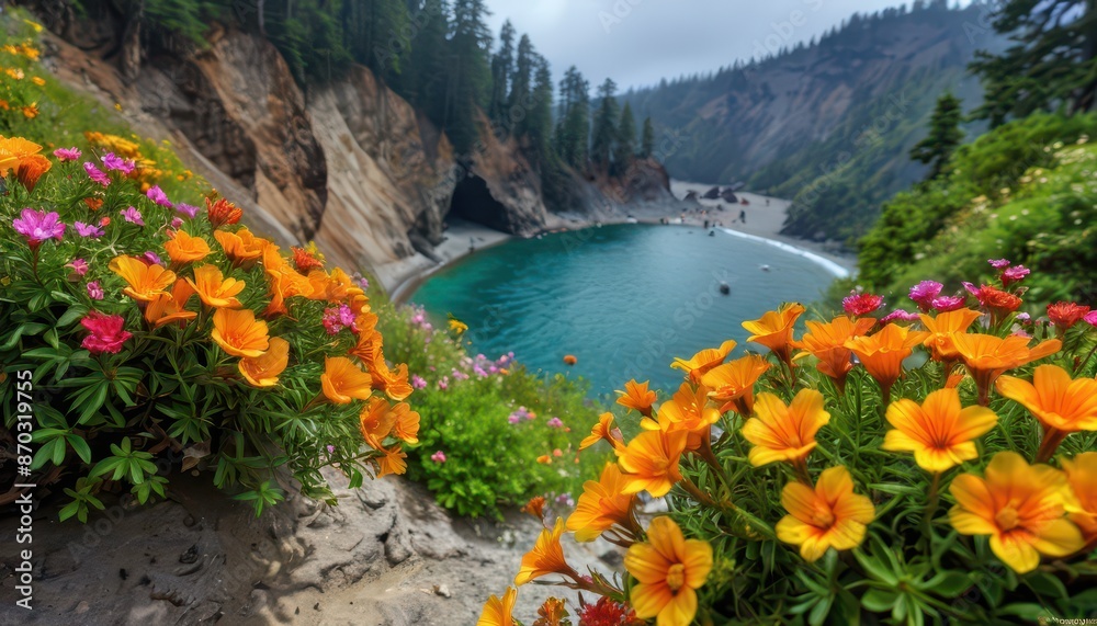 Obraz premium Orange Flowers and Hidden Cove.