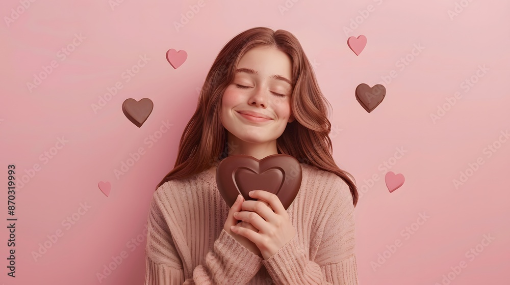 Smiling girl holding a heart-shaped chocolate against a pink background with floating hearts, conveying love and happiness. Smiling girl holding a heart-shaped chocolate against a pink background with floating hearts, conveying love and happiness.