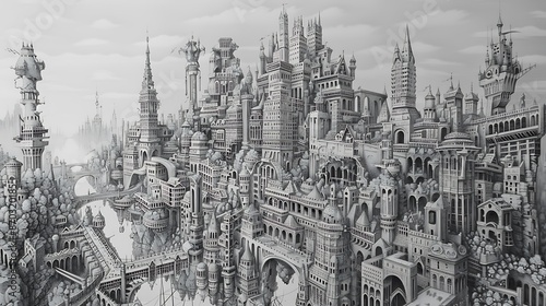 A pencil drawing a detailed map of an imaginary city