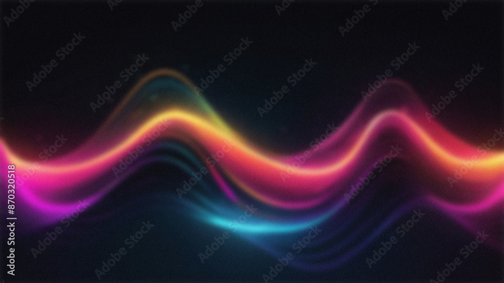 Abstract background of shiny neon wave lines with blur and noise effect on dark background