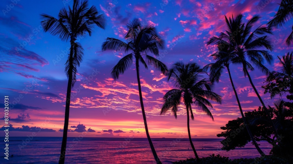 The vibrant colors of a tropical sunset, with palm trees silhouetted against the sky, create a postcard-perfect scene. The vibrant colors of a tropical sunset, with palm trees silhouetted against the sky, create a postcard-perfect scene.