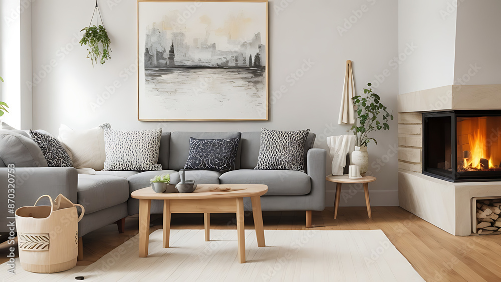 Fototapeta premium Wooden table next to grey corner settee in warm living room interior with painting and fireplace. Real photo