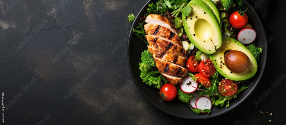 Top view of a healthy ketogenic lunch menu showcasing grilled chicken breast, fillet, steak, and a fresh vegetable salad with copy space image for customization. Top view of a healthy ketogenic lunch menu showcasing grilled chicken breast, fillet, steak, and a fresh vegetable salad with copy space image for customization.