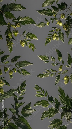Wallpaper Mural Top view of hops branches with green foliage on grey background Torontodigital.ca