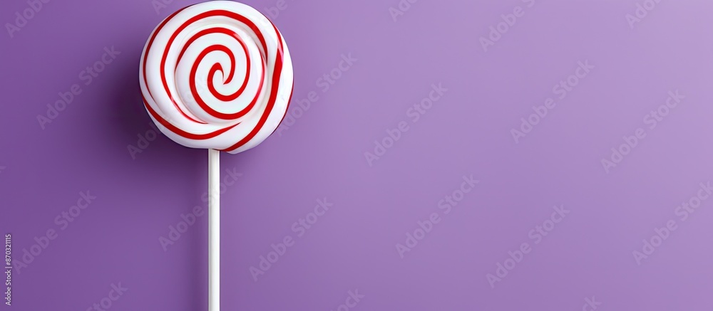 Lollipop with a wooden stick, white and red, against a lilac backdrop, with copy space image. Lollipop with a wooden stick, white and red, against a lilac backdrop, with copy space image.