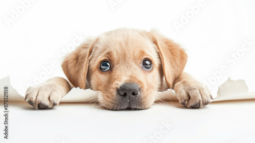 Adorable black Golden Retriever dog puppy sticking its head out of hole in white paper isolated on plain white background
