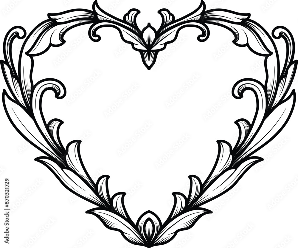 Obraz premium Vector illustrations Heart with Scroll tattoo, swirl engraved ornament