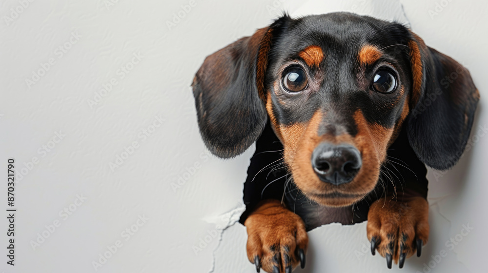 Adorable black Dachshund puppy dog sticking its head out of hole in white paper isolated on plain white background Adorable black Dachshund puppy dog sticking its head out of hole in white paper isolated on plain white background