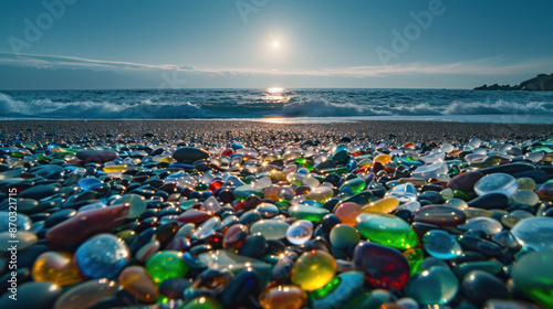 A beach covered in smooth, colorful glass pebbles, polished by the ocean waves. The sun shines brightly in the sky, reflecting off the glass and creating a shimmering effect photo