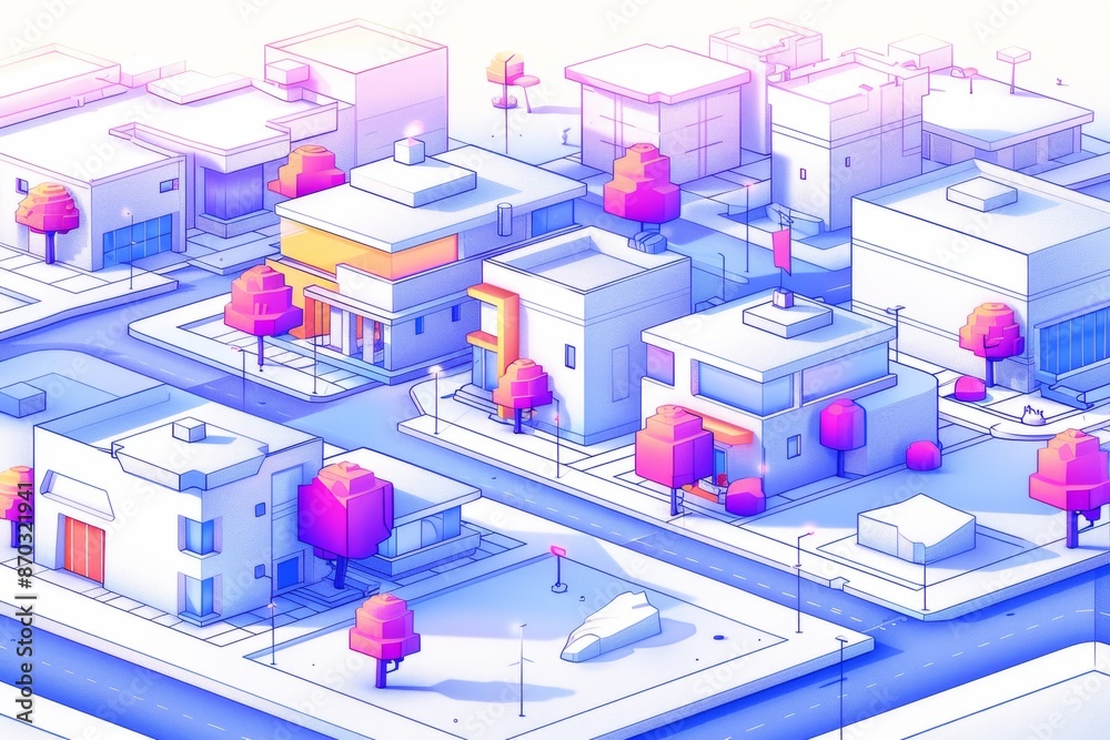 Detailed isometric cityscape with interconnected buildings and vibrant futuristic elements perfect for urban planning and architecture themes Detailed isometric cityscape with interconnected buildings and vibrant futuristic elements perfect for urban planning and architecture themes